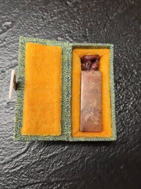 VTG Chinese Shoushan Soapstone Seal w/Snake Finial Carved Chop in Box Zodiac